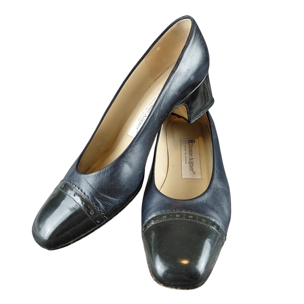 Etienne Aigner Womens Navy‎ Blue Leather Cap Toe Block Heel Pumps Size 6.5 M